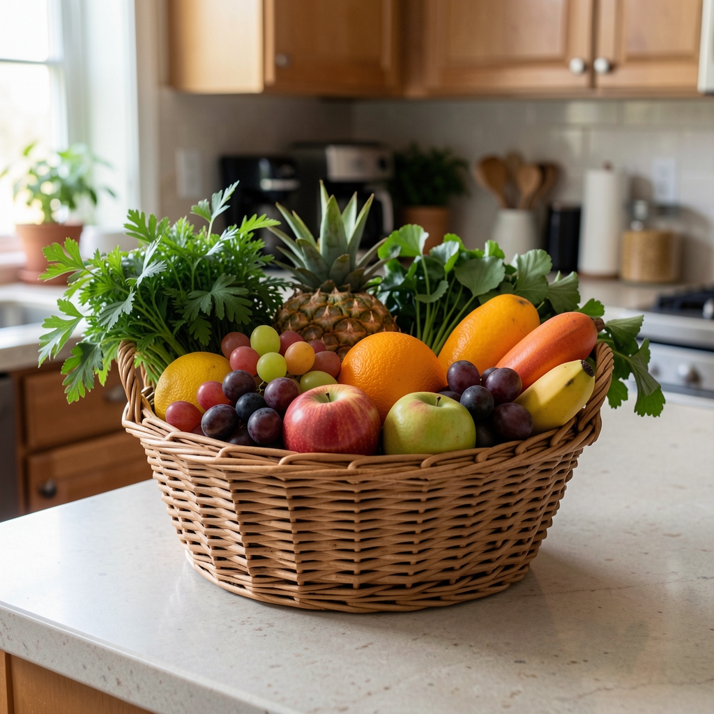 Woven basket filled with tropical fruit and fresh herbs on a kitchen counter in natural daylight