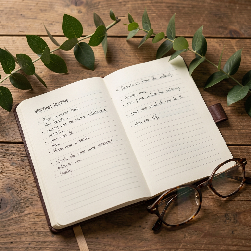 Open wellness notebook with handwritten routine notes, leafy branch, and reading glasses on a wooden table