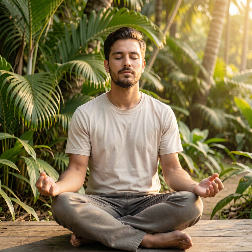Man practicing mindfulness in a natural outdoor setting beside tropical greenery at soft morning light