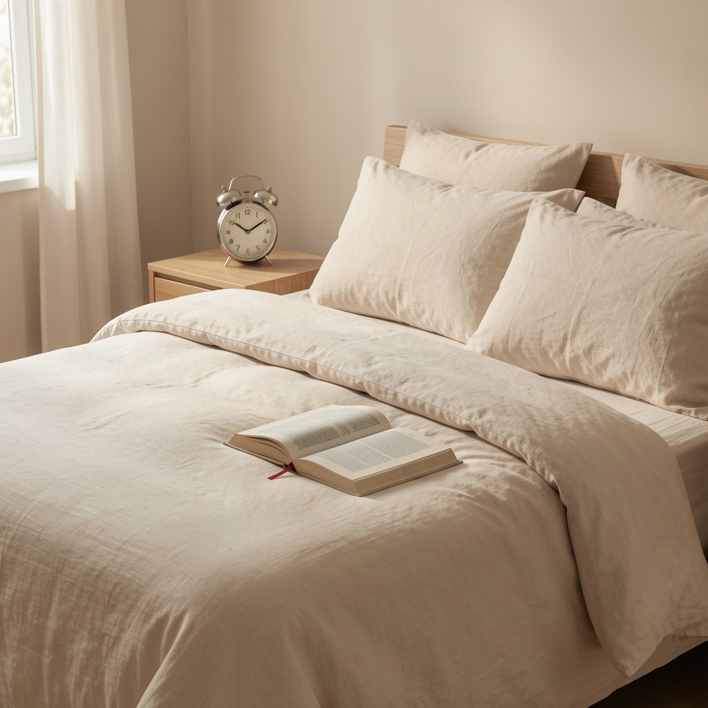 Softly lit bedroom with linen bedding, bedside book, and an analog alarm clock