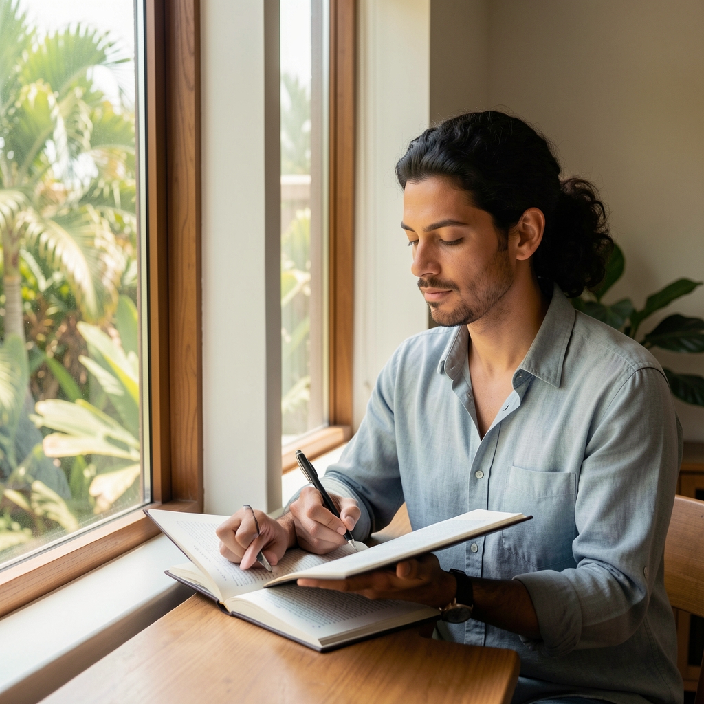 Writer composing a thoughtful wellness essay beside a window with tropical foliage outside