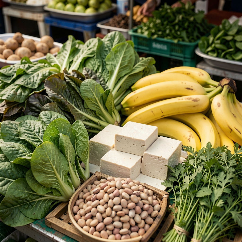 Fresh Indonesian market produce including leafy greens, bananas, tofu, legumes, and aromatic herbs