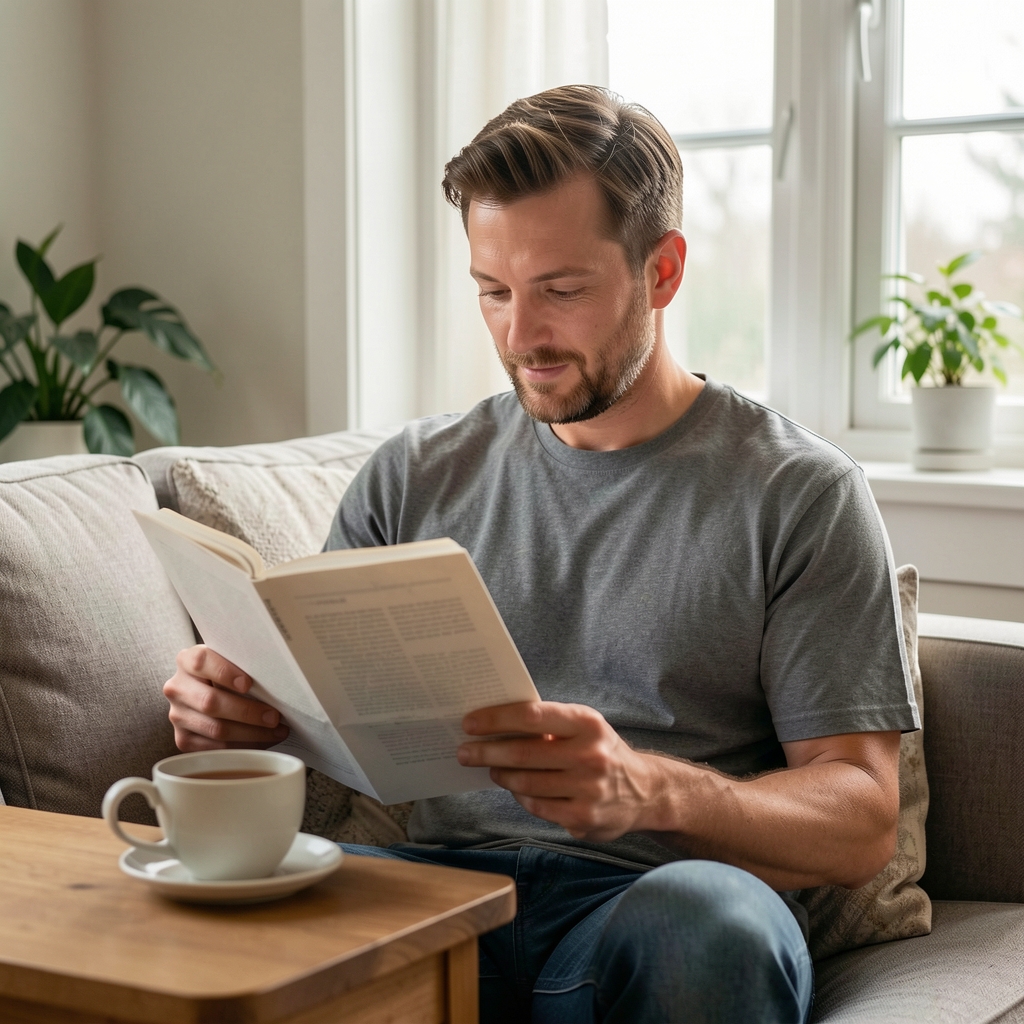 Man reading a wellness article in a quiet room with a cup of tea and natural window light