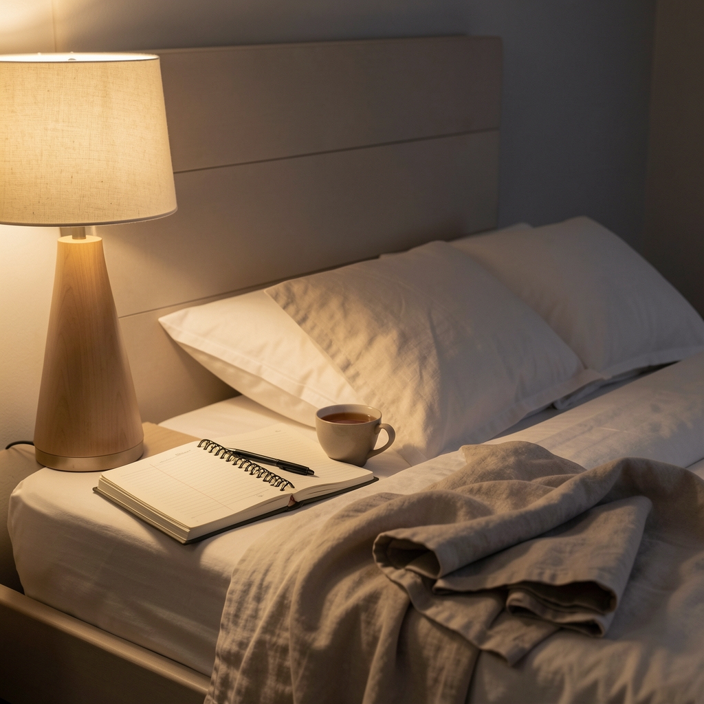 Notebook, warm tea, and a folded linen blanket beside a bedside lamp at night