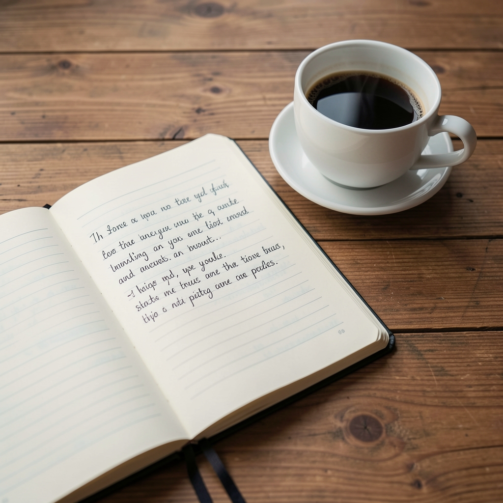 Open notebook with handwritten reflections next to a cup of coffee on a wooden table